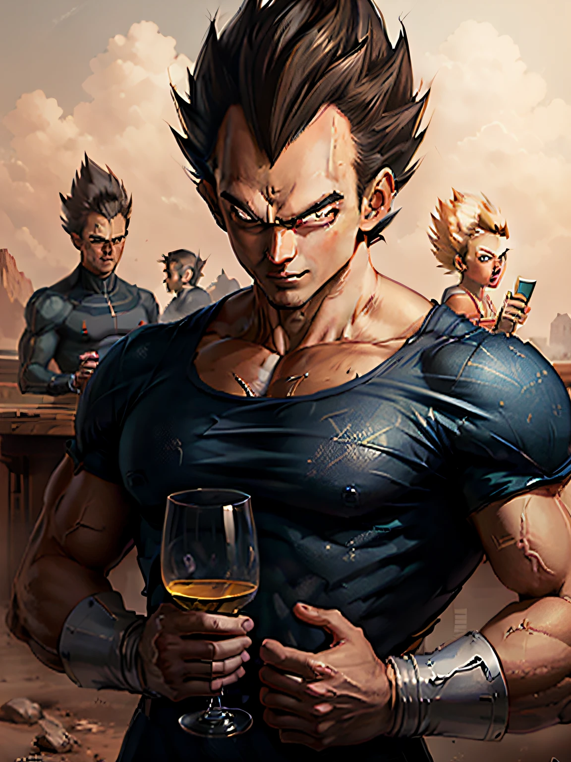 pintura "homem personagen Vegeta super sayajin dbz cheio de musculos forte grande olhar bravo e sorriso debochado" Perfect face and eyes like the ones in manga anime without mistakes holding a glass of champagne, It's not Guillem H's style. Pongiluppi, Alex Ross, , Charming hyper-detail realistic character illustrations, Carrie Graber, quadrinhos, arte, anime, manga, Full HD