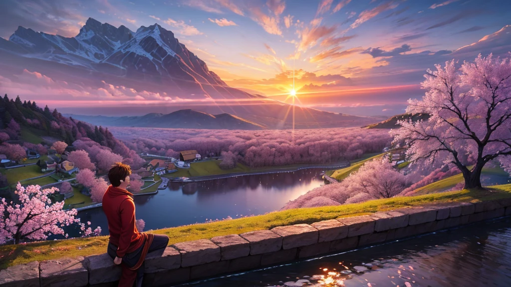 (masterpiece, best quality:1.2), ultra detailed, cinematic lighting, HDR, ilustration, landsape, sunrise, cherry blossom, impressive, chill, inspirational,