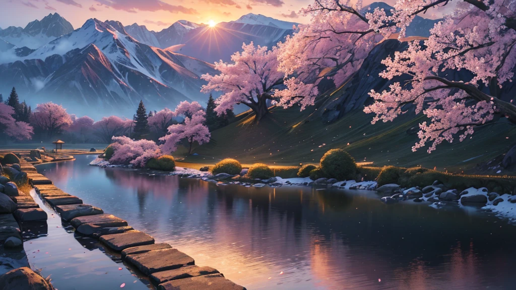 (masterpiece, best quality:1.2), ultra detailed, cinematic lighting, HDR, ilustration, landsape, sunrise, cherry blossom, impressive, chill, inspirational,