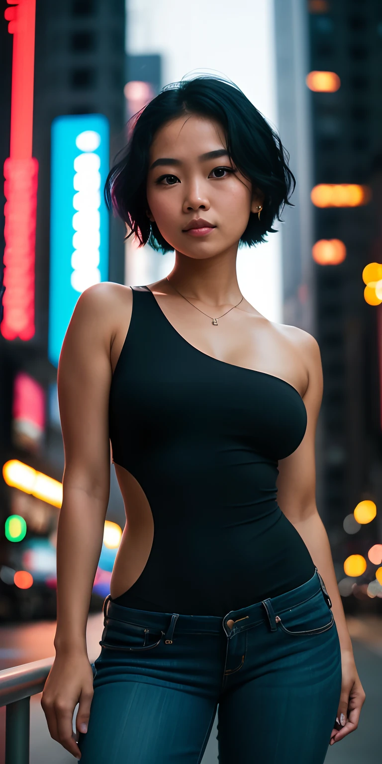 Full face portrait photo of a 22-year-old Filipino girl, RAW, beautiful woman, half-open strawberry lips, dimples, wistful look, hazel eyes (short black hair), ((detailed face)), ((detailed facial features)), (finely detailed skin), tan skin, (deep neckline detailed high-tech cyberpunk dress), cyberpunk megacity environment, (cold colors), damp, damp,  reflections, (masterpiece) (perfect aspect ratio)(realistic photo)(best quality) (detailed) shot on a Canon EOS R5, 50mm lens, F/2.8, HDR, (8k) (wallpaper) (cinematic lighting) (dramatic lighting) (sharp focus) (intricate), RAW photo, RAW photo, gigachad photo, posing for camera, black jeans, back arms, 8k uhd, dslr, high quality, film grain, Fujifilm XT3