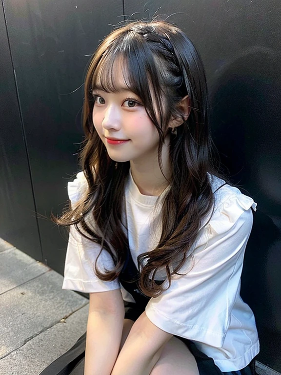 hight resolution,masutepiece,Best Quality,Extremely detailed, hyper realisitic, girl with, Sitting, Put your hands on your knees, hair wavy, A smile, black pleats skirt, White oversized shirt,looking at away, profile, Very beautiful,Cute, 8K Wallpaper, Fine detail, Very detailed 8k wallpaper