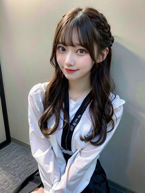 hight resolution,masutepiece,Best Quality,Extremely detailed, hyper realisitic, girl with, Sitting, Put your hands on your knees, hair wavy, A smile, black pleats skirt, White oversized shirt,looking at away, profile, Very beautiful,Cute, 8K Wallpaper, Fine detail, Very detailed 8k wallpaper