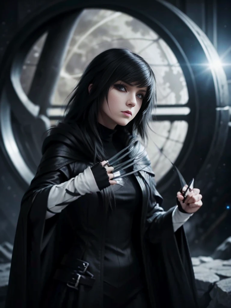 emo_hairstyle, (((Jessica_Faulkner))), tronwear, claws, pale skin, tight black cloak, pale blue eyes, long hair, straight hair, (((black hair))), white skin, pale, white, space ship, daggers, moon, leather turtleneck, Milky Way Galaxy, weapon, claws, (best quality, 8k, masterpiece:1.2, ultra-detailed, realistic, photorealistic)