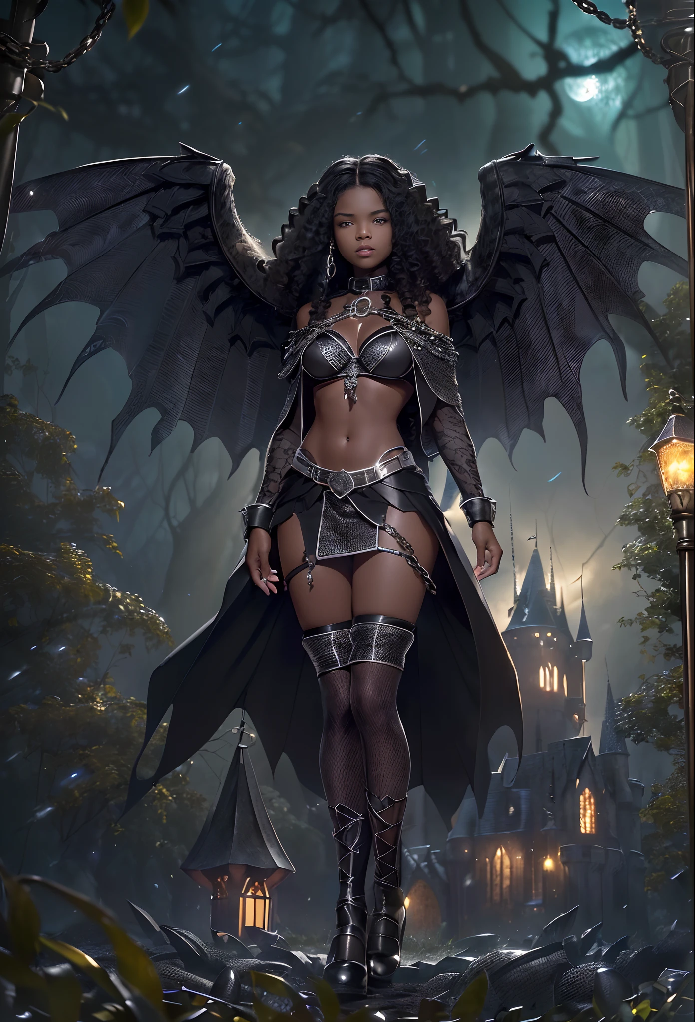 ((18-year-old))), black girl, (((light skin))), (((full body pose))), (((long curly black hair))), (((wearing tight chainmail micromini skirt, chainmail bra, open front cloak, wings))), (((seamless, black, pantyhose))), standing in the dark woods at night, moonlight shining through the dense canopy, (((dark castle in the background))), dark fantasy, Rich, Deep Colours, (intricate details:0.9), (HDR, hyper-detailing:1.2), (natural skin textures, hyper realisitc, glistening skin, soft light, Sharp),