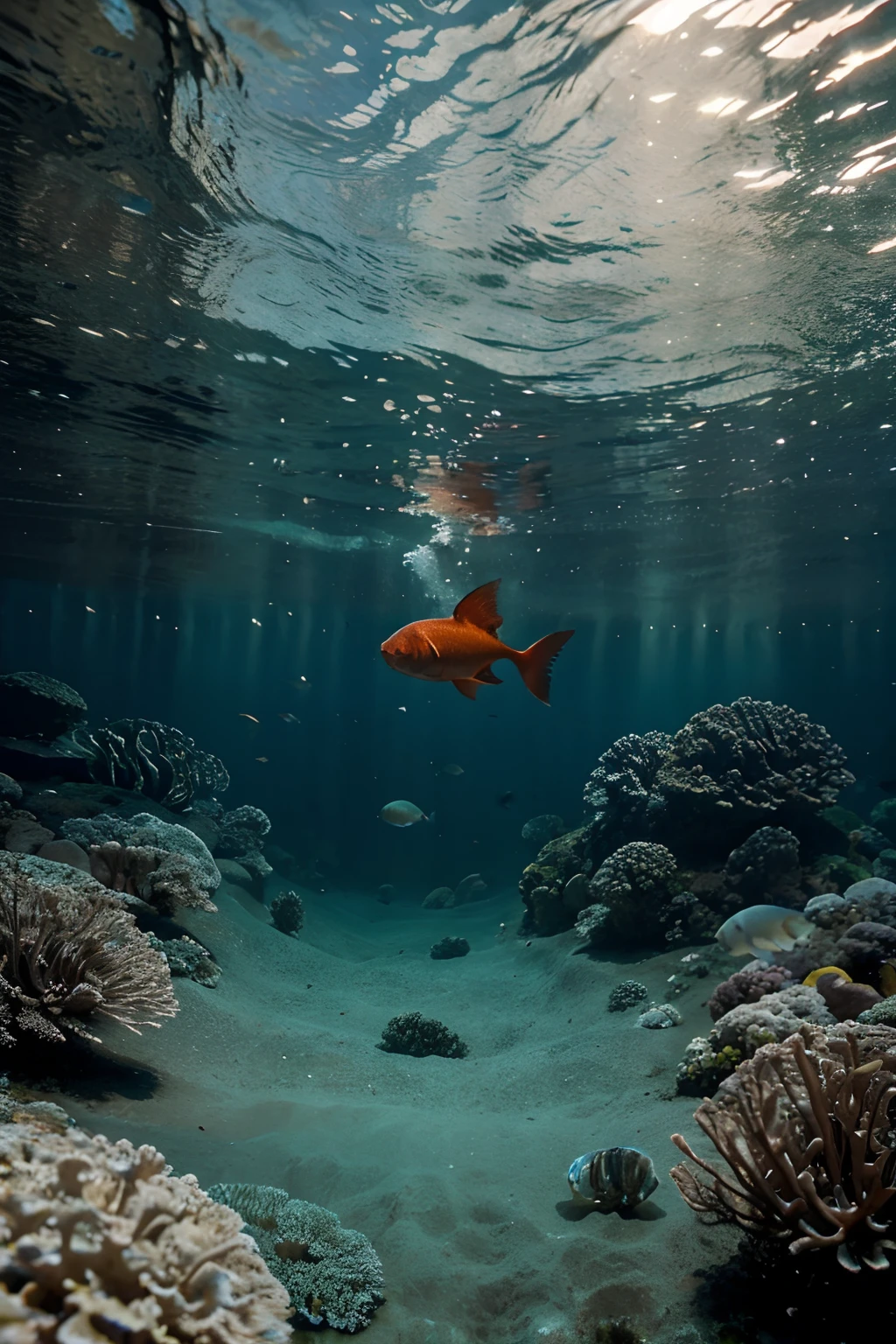 a total underwater scene with six Portuguese freshwater orange-red fish in an Underwater background of a (Underwater) portuguese river, with hapiness, ,