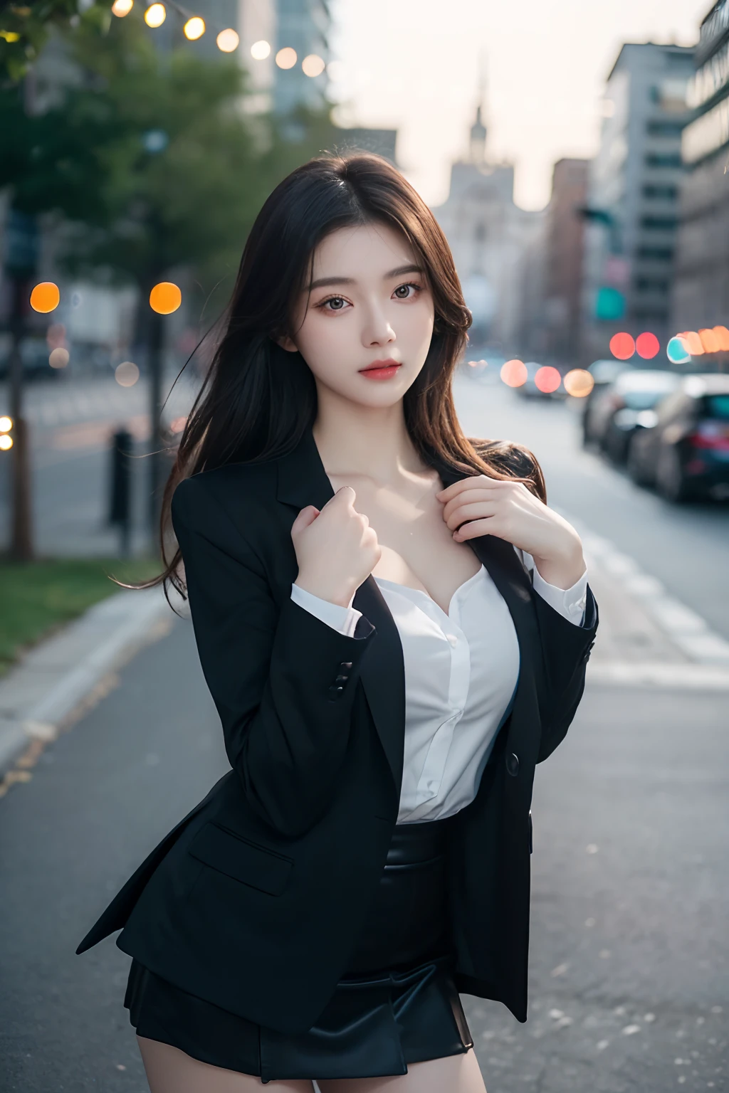best quality, masterpiece, 1girl, Beautiful face, (photo realistic:1.3), rim lighting, (high detailed skin:1.2), 8k uhd, dslr, high quality, high resolution, 4k, 8k, Bokeh, absurdres, best ratio four finger and one thumb, (realistic:1.3), cute 1girl, wearing black formal blazer, medium breasts, short skirt,