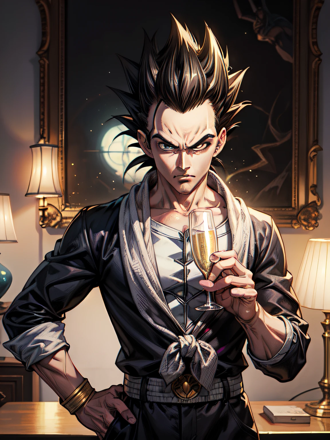 pintura "homem personagen Vegeta DBZ" holding a glass of champagne, It's not Guillem H's style. Pongiluppi, Alex Ross, , Charming hyper-detail realistic character illustrations, Carrie Graber, Quadrinhos, Arte, Anime, manga, Full HD