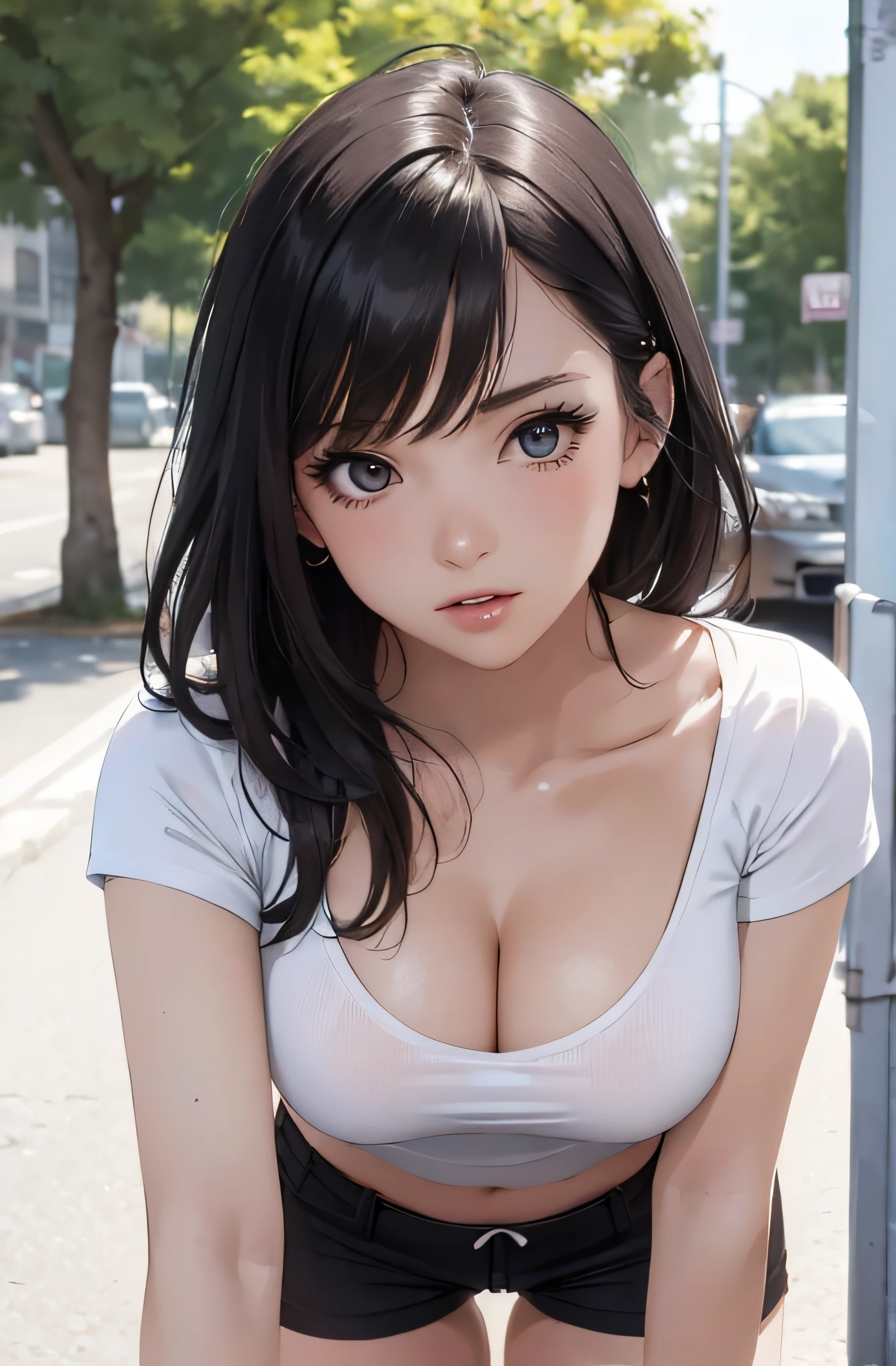 girl in summer clothes, white t-shirt, black tight shorts, making as if she wants to kiss you, (girl bending down looking at camera), medium breasts, cleavage, random background, flirtatious look, ((very detailed)), (perfectly detailed face), (well detailed hand) photorealistic image.