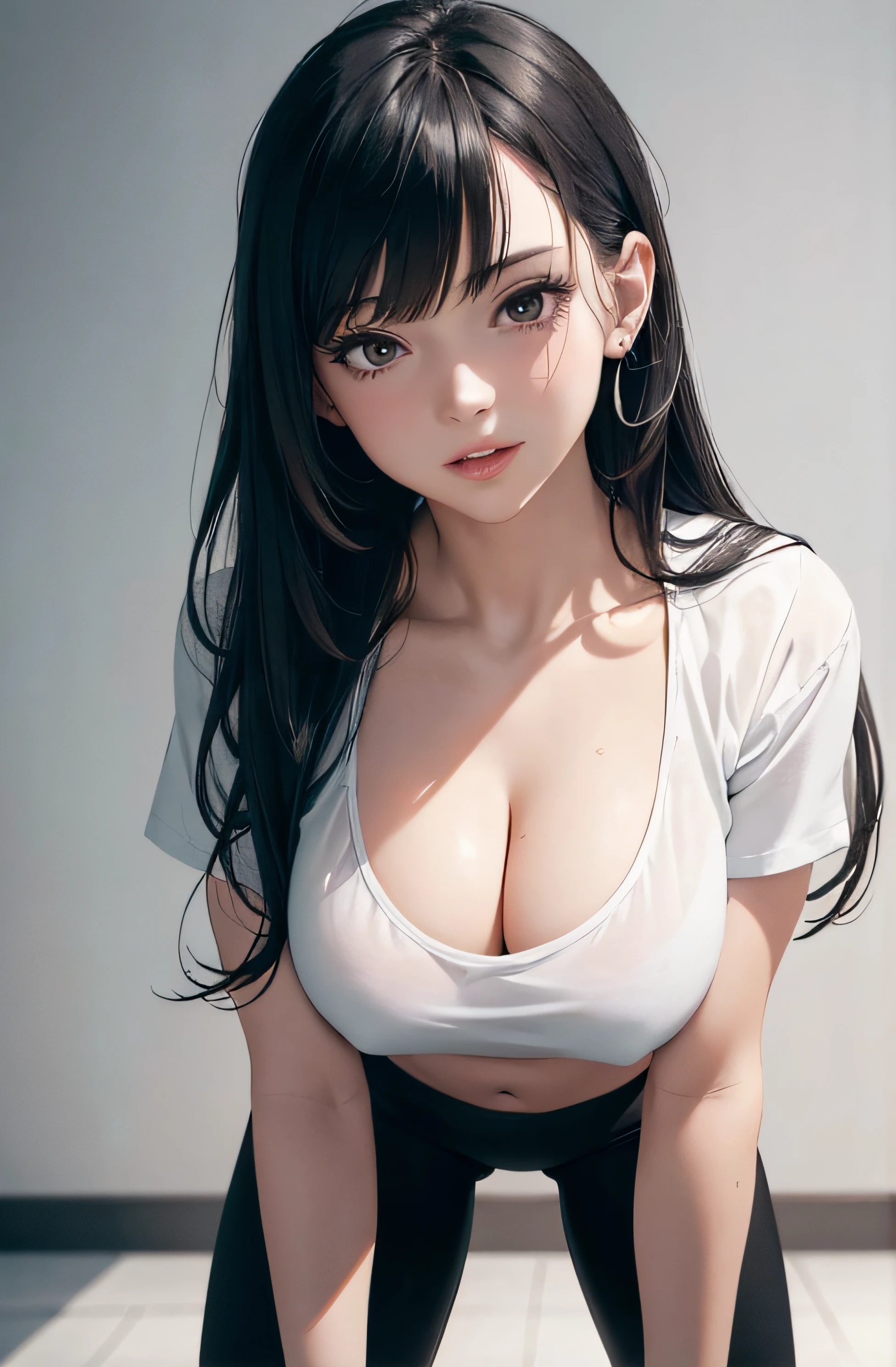 girl in summer clothes, white t-shirt, black leggins, making as if she wants to kiss you, (girl bending down looking at camera), medium breasts, cleavage, random background, flirtatious look, ((very detailed)), (perfectly detailed face), (well detailed hand) photorealistic image.