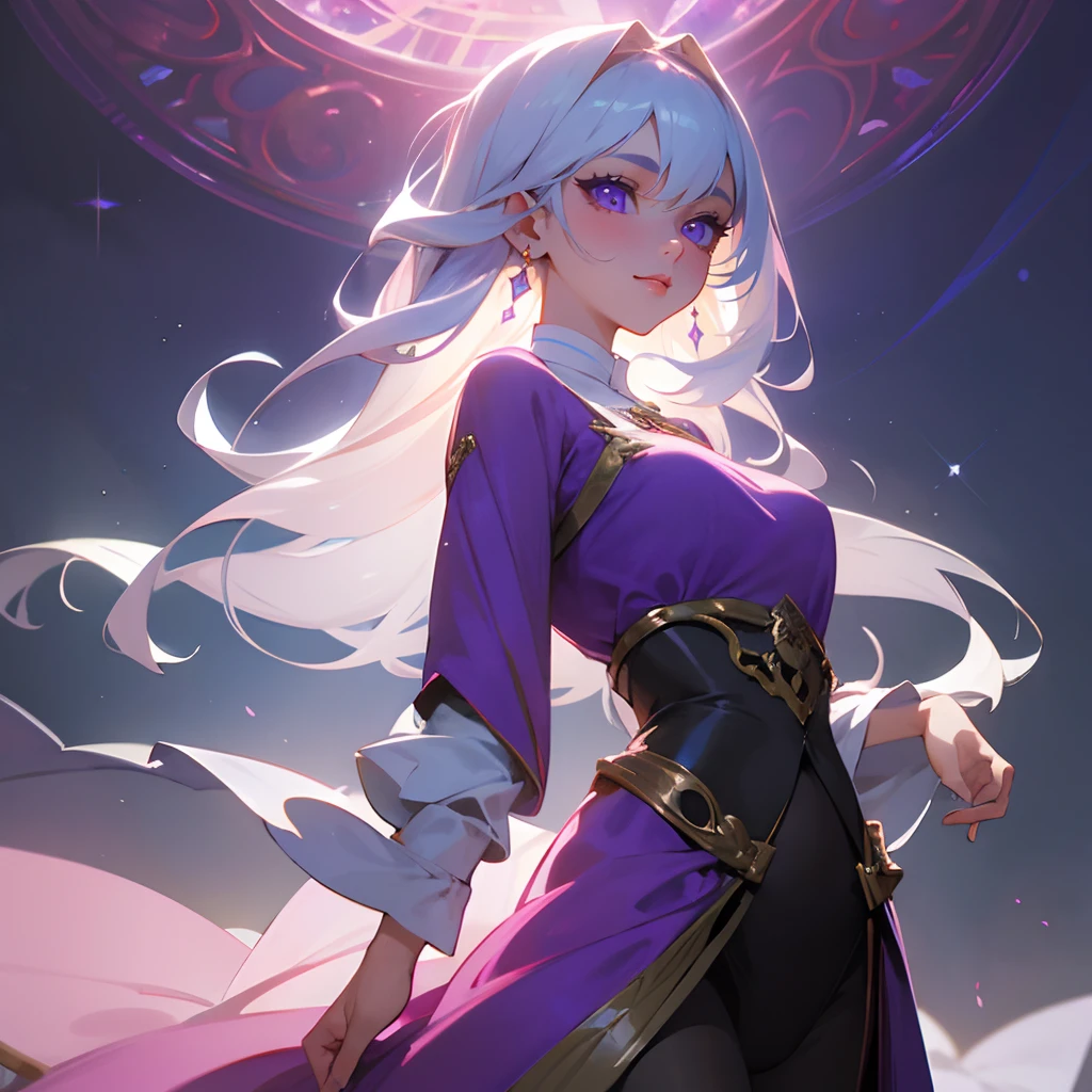 beautiful girl with flowing white hair,purple eyes with a hint of mystery, wearing an elegant purple robe that drapes gracefully around her slender figure. She has a charming smile on her rosy lips as she stands confidently in the midst of a lush garden. Her eyes sparkle with intelligence and her long eyelashes flutter delicately. The garden is filled with vibrant flowers of various colors, adding a burst of colors to the scene. The girl's delicate features are beautifully accentuated by the soft sunlight that filters through the leaves, casting a warm glow on her flawless skin. The atmosphere is filled with a sense of tranquility and magic, transporting you to a world reminiscent of medieval times. The girl emanates an aura of elegance and grace beyond her young age of 16, exuding a captivating charm that captures the hearts of those who lay eyes on her. The high-quality, ultra-detailed artwork brings out every intricate detail of her stunning beauty, from the strands of her hair to the folds of her robe. The composition and lighting of the scene create a dreamlike ambiance, enhancing the overall enchantment of the artwork. This masterpiece is a fusion of classical portraiture and fantasy elements, showcasing the artist's mastery in capturing the essence of beauty. The colors in the artwork are rich and vivid, with a predominant palette of purple hues that adds a touch of magic and mystique. The gentle play of light and shadow highlights the contours of the girl's face and brings depth to the surrounding scenery. The combination of the girl's ethereal beauty, the magical garden, and the skillful artistry creates a mesmerizing artwork that invites viewers to immerse themselves in a world of wonder and enchantment.