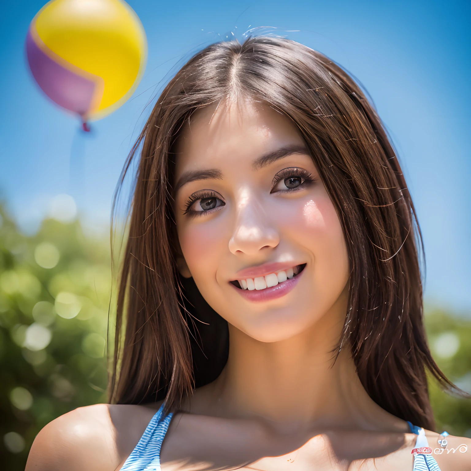 ((Calidad superior, 8k, Obra maestra: 1.3)), 1 mujer, cuerpo completo, chica hermosa sonriente pisando muchos globos grandes, (rubio, Colas gemelas) (Grande: 1.3, escote), ABS cortados, revelador, colorido bikini de payaso, Cara ultra detallada, (ojos detallados, 二重まぶた, Contactos de color, Atrapar los ojos, Atrapar luz, long eyeslashes), Summarex 85 mm, f / 1.4, ISO 100