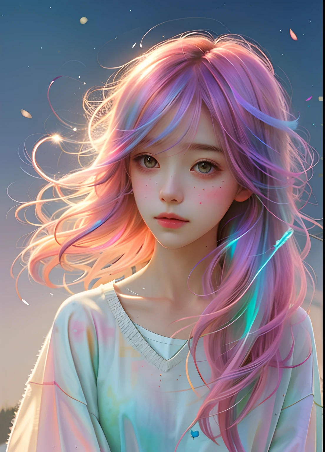 Agnes Cecile woman, glowing design, pastel colors, ink drops, autumn lights, with colorful hair