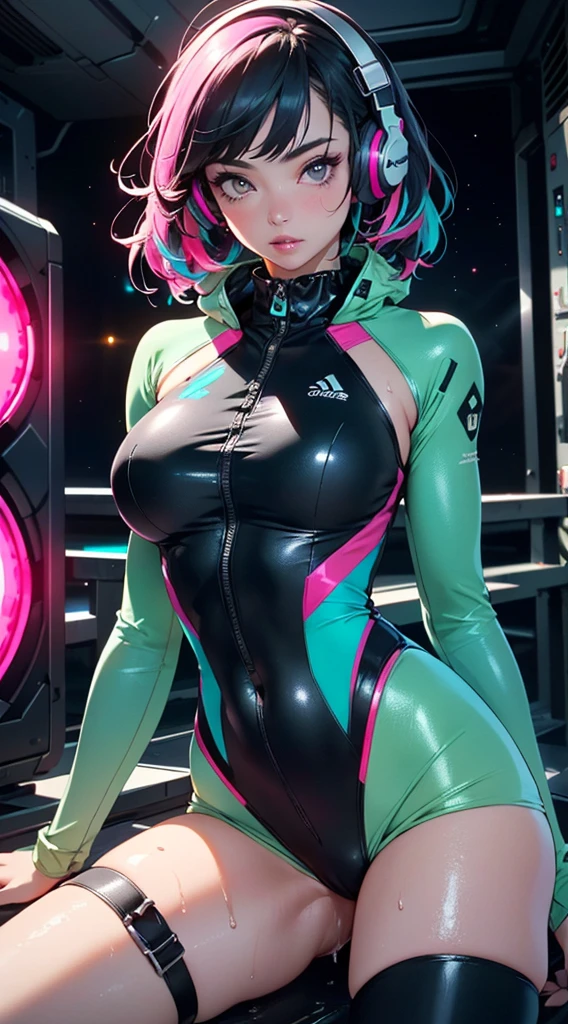 sporty girl with Asian features,(((1girl))),((girl with dark hair and turquoise highlights,)),(asian girl),
(large breasts:1.4),saggy breasts,(((Black hair with turquoise streaks:1.35,straight hair,long hair:1.4,colored inner hair,ear breathing))),((heterochromia:1.5, (pink_eye and aqua_eye))),((fat)),(((lustrous skin:1.5,bright skin: 1.5,skin tanned,shiny skin,very shiny skin,shiny body,plastic glitter skin,exaggerated shiny skin,illuminated skin, wet legs))),(spider lower abdomen,narrow waist,wide hip,athletic body,inflated legs,detailed body,(detailed face)),
cute,slutty,seductive,erotic,(((nsfw))),
zettai ryouiki,((one-piece_swimsuit magenta,wearing a one-piece_swimsuit outfit:1.3,swimsuit type spacesuit,magenta armor swimsuit:1.3)),(rgb headphones:1.5),((wet clothes,intricate outfit,intricate clothes)),
(dynamic pose:1.0),embarrassed,(centered,scale to fit dimensions,Rule of thirds),
cyberpunk city by the ocean at night, with bright neon signs and dark stormy clouds and puddles, scenery:1.25,
artistic photography,(photography taken by sldr),highres, sharp focus, (ultra detailed, extremely detailed), (photorealistic artwork:1.37),(extremely detailed CG unity 8k wallpaper),((synthwave background theme)),(((vibrant colors))),(intricate background),(masterpiece),(best quality),