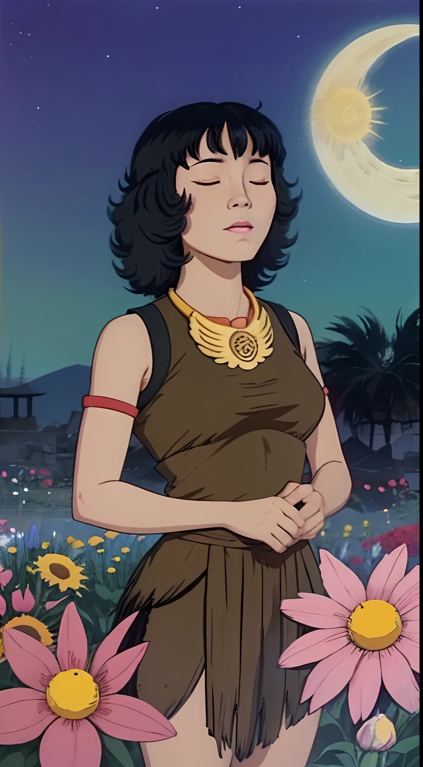 Half Asian half indigenous mystical girl in cartoon style with black medium hair and short bangs in front of ruins with closed eyes and flowers, the sun and the moon in the background