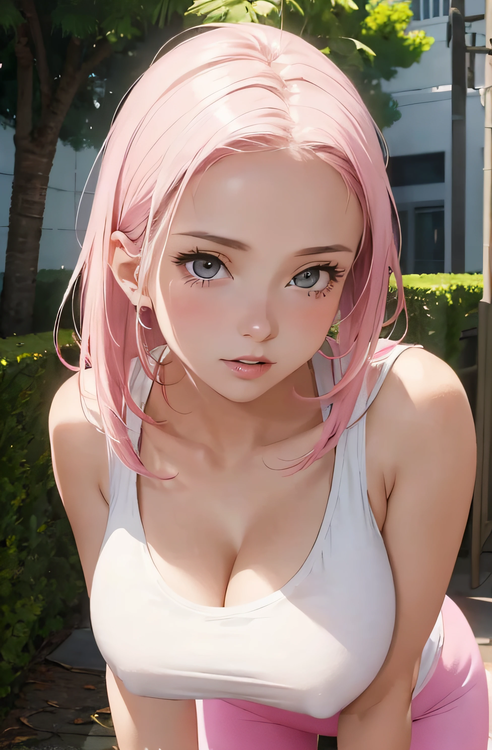 girl in summer clothes, white t-shirt, pink leggins, making as if she wants to kiss you, (girl bending down looking at camera), medium breasts, cleavage, random background, flirtatious look, ((very detailed)), (perfectly detailed face), (well detailed hand) photorealistic image.