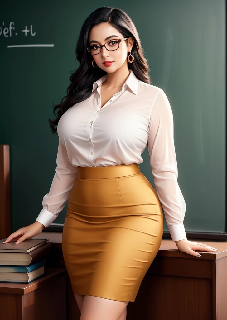 sexy curvy teacher, open blouse, detailed eyes, detailed lips, long eyelashes, pencil skirt, high heels, confident posture, glasses, book in hand, blackboard in the background, warm lighting, vibrant colors, photorealistic style, studio lighting, high resolution