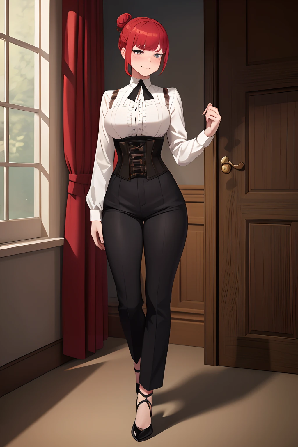 highly detailed, skindentation, pale woman with freckles, small chest, slim, short red hair, hair bun, bangs, blushing, sparkling eyes, white blouse, corset, trousers, stretched clothing, dark moody room, masterpiece, best quality, perfect anatomy, highres, detailed, 1girl, smug, full body