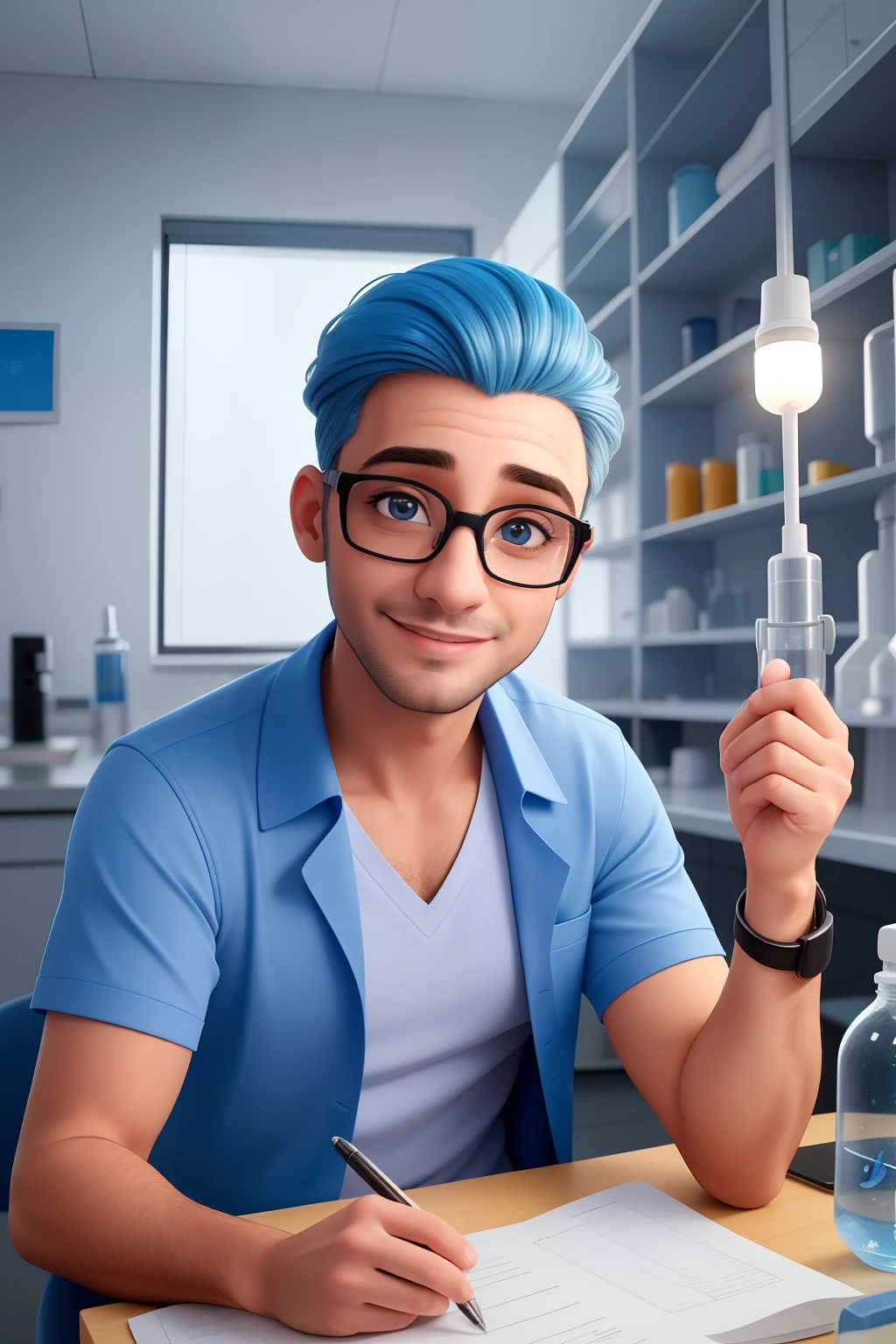 Um homem de 35 anos, com cabelos pretos curtos, face de diamante, olhar rigoroso, e olhos castanhos, Wearing lab coat and blue shirt and glasses. nariz afinado, em uma laboratorio de quimica.