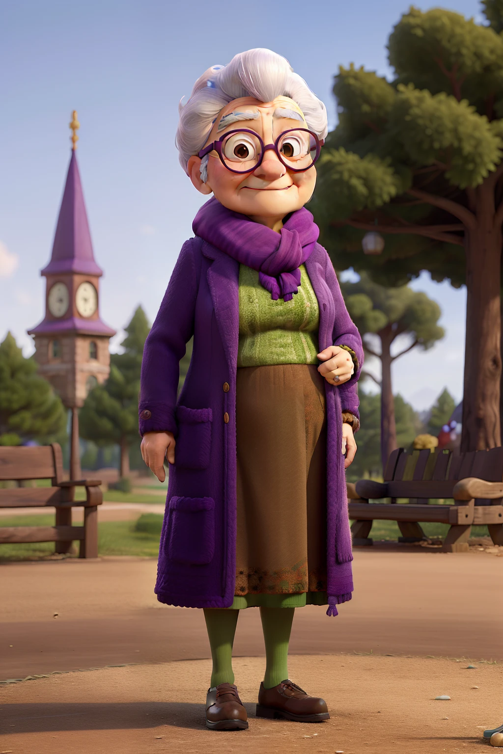 masterpiece, best quality, an old woman with glasses and a scarf on, wearing a purple coat and green scarf, standing at the park