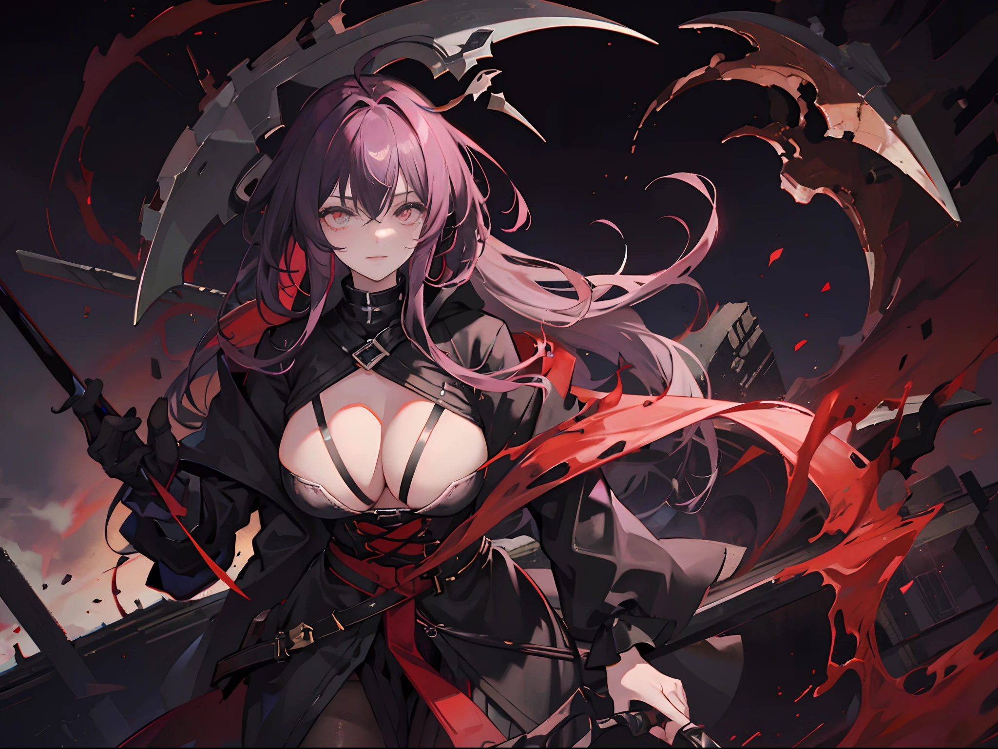1girl, purple messy hair, dark red hairpin, bloody red eyes, [heterochromia], glowing eyes, unusual pupils, [scarred left eye], black ripped coat, black heels, hood on, black jeans, black oversized sweater, (scythe with glow:1.3), smirk
Standing on rock, holding scythe in left hand, relaxed stance, looking at viewer
Lightnings behind, ruins of city, red pulsating glowing substance everywhere, half-red sky, clouds
dark light from above, looks like city on fire
Cracks on rock, disturbing atmosphere, doom approaches