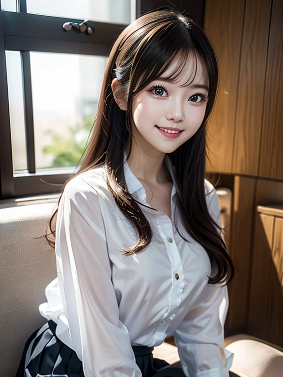 A beautiful Japanese shy girl, age 18 years old, short brown hair, brown big eyes, shiny lip, shiny hair, ecstatic expression, wearing white blouse, plaid mini skirt, in front of huge window, The background is very blurry, 