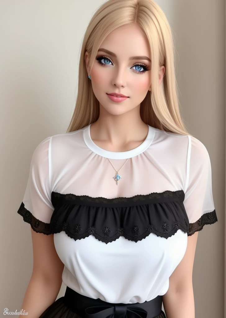 hermosa y sexy profesora europea rubia de ojos azules y brillantes con medias negras y blusa blanca abierta