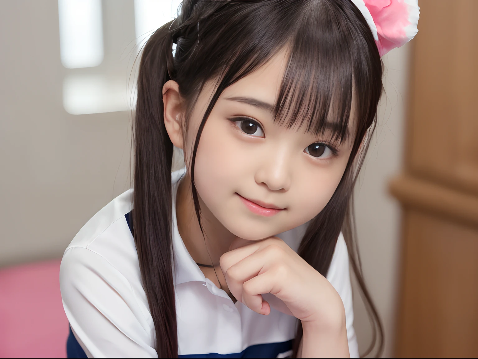 masutepiece, Best Quality, (****************:1.5)、(shyly smile:1.1) 、(Women's Uniforms for Middle School Students:1.5)、(Smaller chest)、(Cute hairstyle:1.7)、Very white skin、Letting down your bangs、Detailed body、Detailed hand、No makeup、Random and natural poses