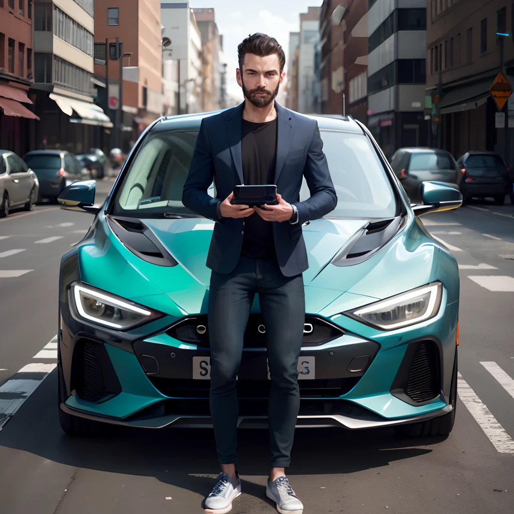 modern man getting into his 100% electric, fantastic, unique car...