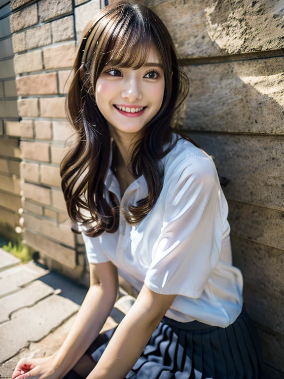 hight resolution,masutepiece,Best Quality,Extremely detailed, hyper realisitic, girl with, Sitting, Put your hands on your knees, hair wavy, A smile, black pleats skirt, White oversized shirt,looking at away, profile, Very beautiful,Cute, 8K Wallpaper, Fine detail, Very detailed 8k wallpaper