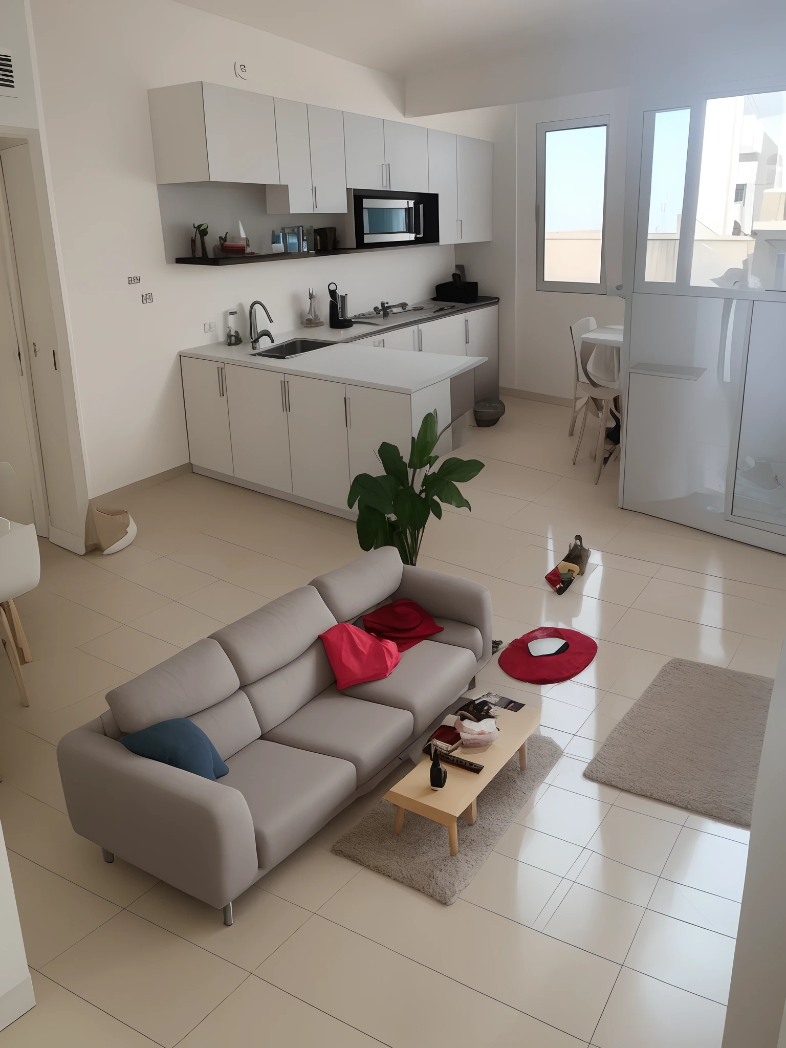 Crie uma imagem de uma mulher loira de olhos azuis dentro de um apartamento olhando pela janela em dia de tempestade
