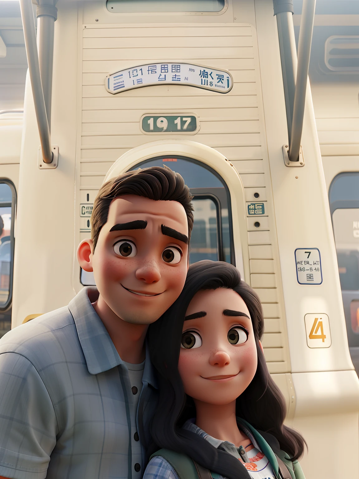 A couple stand in front of a train station