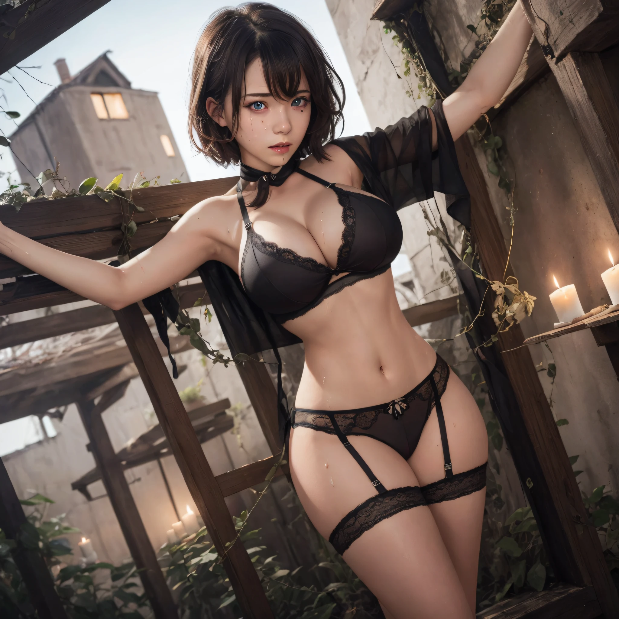 Realistic, Masterpiece, Top Quality, (Detailed Eyes), One High Girl, , Full Body, Huge breast, See-through Sexy Lingerie, Feel, Sweat, pelvis curtain, (wide hips), tear-stained face, basement, candles