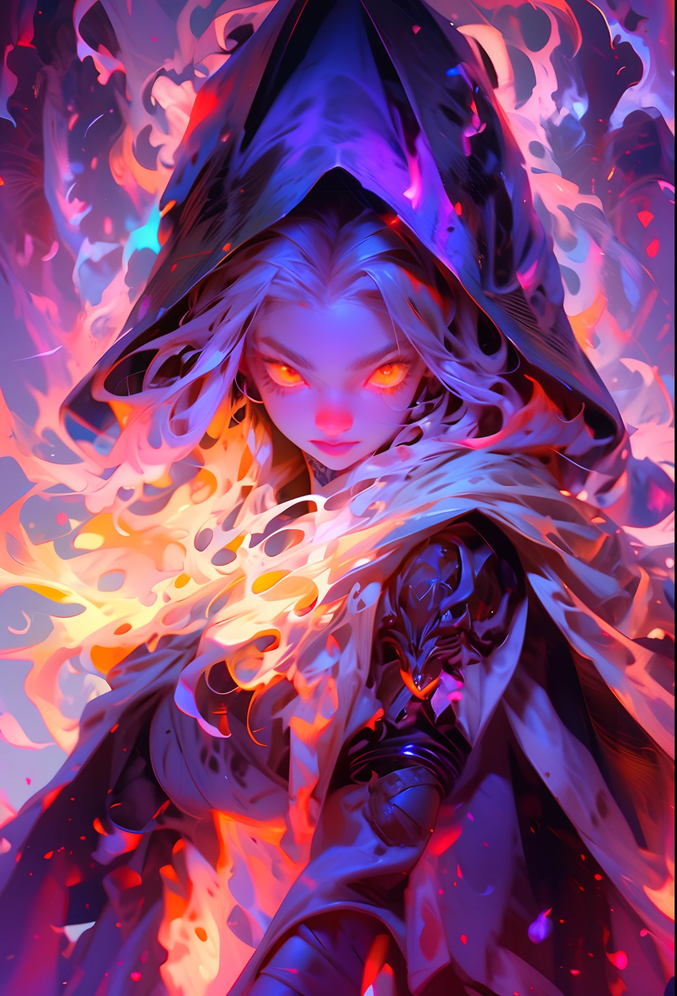 The most beautiful and sexy demon sorceress, long glowing violet hair, yellow eyes, wearing a hooded cloak and highly detailed battle armor, tattoos and piercings, casting a powerful and destructive magic spell, perfect masterpiece, high quality, high resolution, full body image