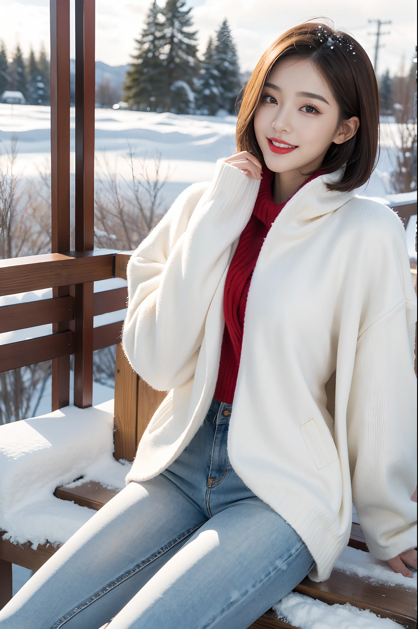 best quality, 4k, 8k, Detailed faces, clear face, a pretty girl, Korean makeup, Red lips,laugh, perfect body,shoulder length straight bob hair,small breasts,thigh,slim,thin, The girl wears a brown woolen coat, Underneath the jacket was white sweater and denim pants, Snowscape, winter, garden,Haze weather,Rime,cloudy,big snowman