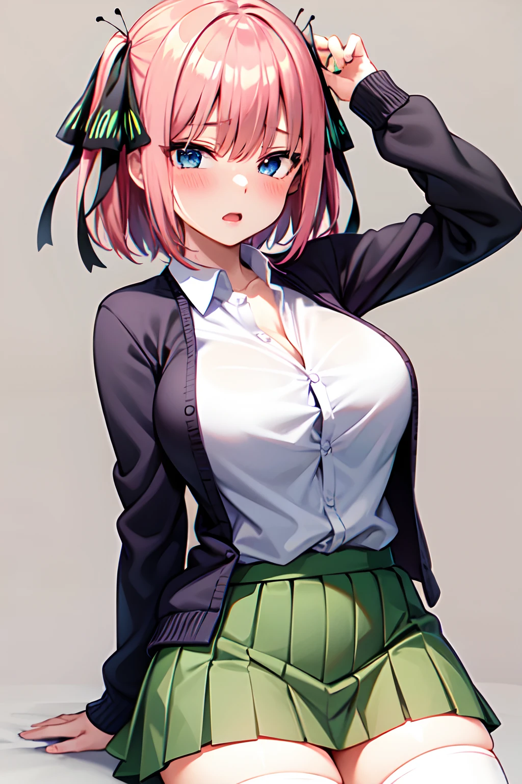 masutepiece, Best Quality, hight resolution, Nakano Nino, 1girl in, Solo, Pink hair, Short hair, busty, butterfly hair ornament, Large breasts, cleavage, Green skirt, Black cardigan,White shirt, Collared shirt, Open your clothes, black thighhighs, Short sleeves, Skirt lift, Looking at Viewer, embarrassed from, blush, sprawl, Bet，爆乳,Tsun-tsun,erotic posing