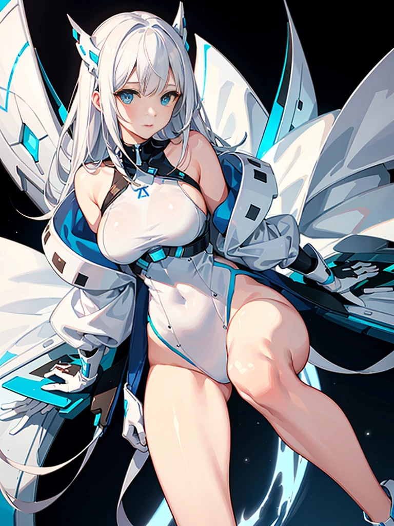 Slender beautiful girl、(White and blue futuristic space station background):1.2、Tight-fitting bodysuits of the near future、hight resolution、top-quality、The ultra-detailliert、Fine details、Does not blush cheeks、knee high、Undersized breasts、shorth hair、head phone