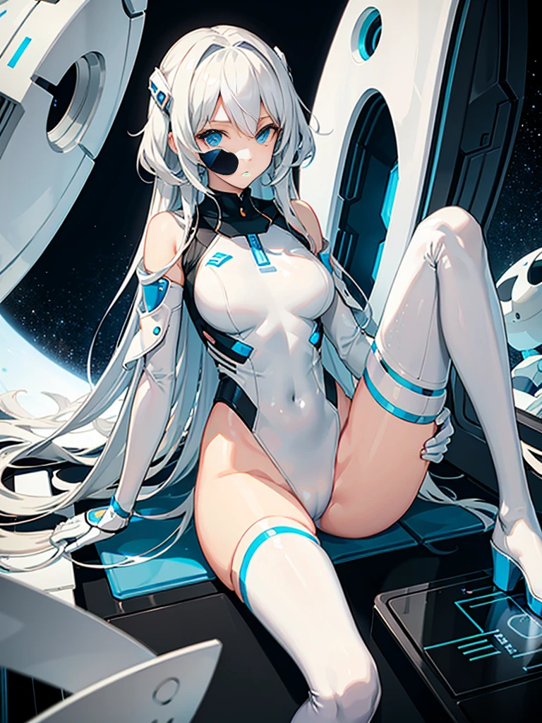 Slender beautiful girl、(White and blue futuristic space station background):1.2、Tight-fitting bodysuits of the near future、hight resolution、top-quality、The ultra-detailliert、Fine details、Does not blush cheeks、knee high、Undersized breasts、shorth hair、head phone