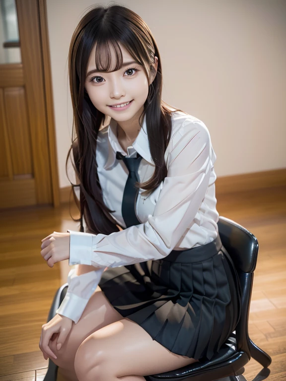 hight resolution,masutepiece,Best Quality,Extremely detailed, hyper realisitic, girl with, Sitting, Put your hands on your knees, hair wavy, A smile, black pleats skirt, White oversized shirt,looking at away, profile, Very beautiful,Cute, 8K Wallpaper, Fine detail, Very detailed 8k wallpaper