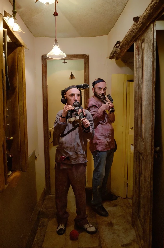 there are two people standing in front of a mirror with a gun, an album cover by Leonard Long, instagram, realism, taken in the early 2020s, profile picture, 2 1 savage, gen z, profile pic, with rifle, with pistol, armed and dangerous, heavily armed, with a gun, sakuga gunplay, profile image, profile photo