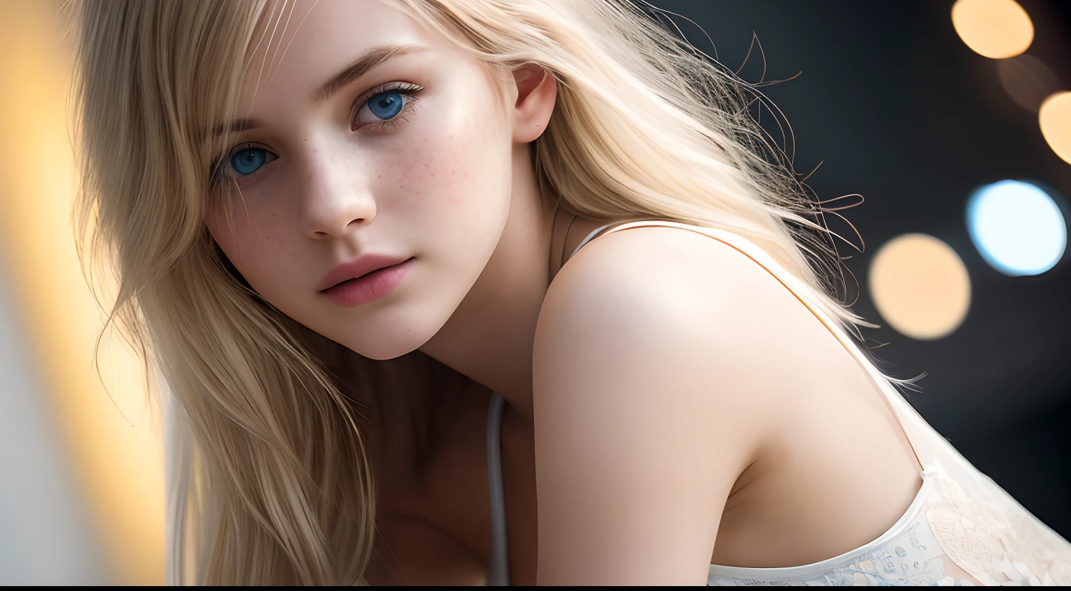 1girl in, teenager, Solo, Aesthetic artwork, blond, straight blonde hair, waist length hair, light blue eyes, some small freckles, pale skin, small breasts, runners body, (thin hips, thin waist: 1.1), detailed skin, shy smile, 24mm, 4k textures, soft cinematic light, RAW photo, photorealism, photorealistic, intricate, elegant, highly detailed, sharp focus, ((((cinematic look)))), soothing tones, insane details, intricate details, hyperdetailed, low contrast, soft cinematic light, dim colors, exposure blend, hdr, faded