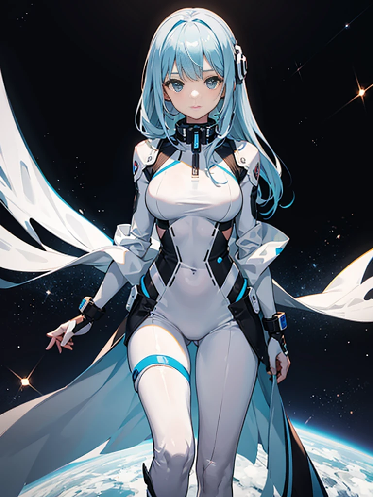 Slender beautiful girl、(White and blue futuristic space station background):1.2、Tight-fitting bodysuits of the near future、hight resolution、top-quality、The ultra-detailliert、Fine details、Does not blush cheeks、knee high、Undersized breasts、shorth hair、head phone