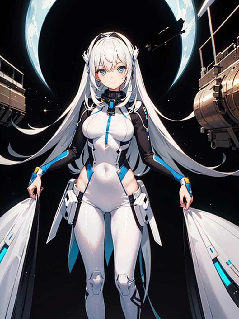 Slender beautiful girl、(White and blue futuristic space station background):1.2、Tight-fitting bodysuits of the near future、hight resolution、top-quality、The ultra-detailliert、Fine details、Does not blush cheeks、knee high、Undersized breasts、shorth hair、head phone