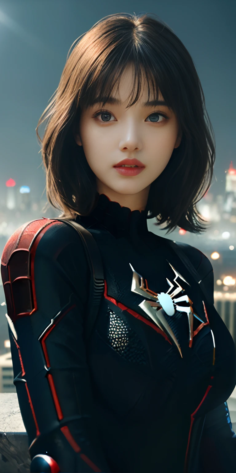 (1girl:1.3), solo, ((very detailed face)))), ((very detailed eyes and face))), beautiful detail eyes, body parts__, official art, unified 8k wallpaper, super detailed, beautiful and beautiful, beautiful, masterpiece, best quality, original, masterpiece, super fine photo, best quality, super high resolution, realistic realism, sunlight, full body portrait, amazing beauty, dynamic pose, delicate face, big breast, vibrant eyes, (from the front), she is wearing a Spider-Man suit, red and black color scheme, spider, very detailed city roof background, rooftop, overlooking the city, detailed face, detailed complex busy background, messy, gorgeous, milky white, highly detailed skin, realistic skin details, visible pores, clear focus, volumetric fog, 8k uhd, DSLR, high quality, film grain, fair skin, photo realism, lomography, futuristic dystopian giant metropolis, translucent
