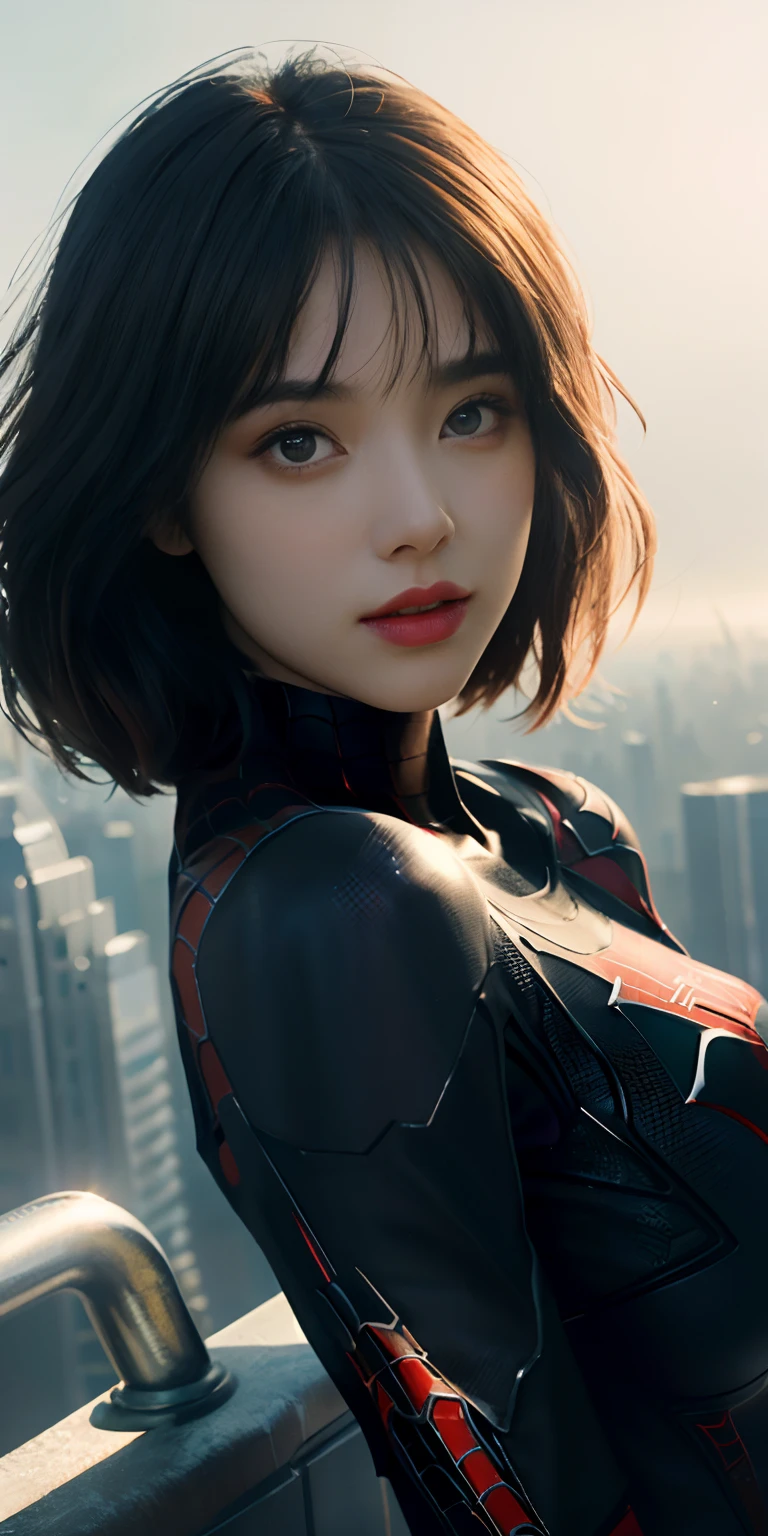 (1girl:1.3), solo, ((very detailed face)))), ((very detailed eyes and face))), beautiful detail eyes, body parts__, official art, unified 8k wallpaper, super detailed, beautiful and beautiful, beautiful, masterpiece, best quality, original, masterpiece, super fine photo, best quality, super high resolution, realistic realism, sunlight, full body portrait, amazing beauty, dynamic pose, delicate face, big breast, vibrant eyes, (from the front), she is wearing a Spider-Man suit, red and black color scheme, spider, very detailed city roof background, rooftop, overlooking the city, detailed face, detailed complex busy background, messy, gorgeous, milky white, highly detailed skin, realistic skin details, visible pores, clear focus, volumetric fog, 8k uhd, DSLR, high quality, film grain, fair skin, photo realism, lomography, futuristic dystopian giant metropolis, translucent
