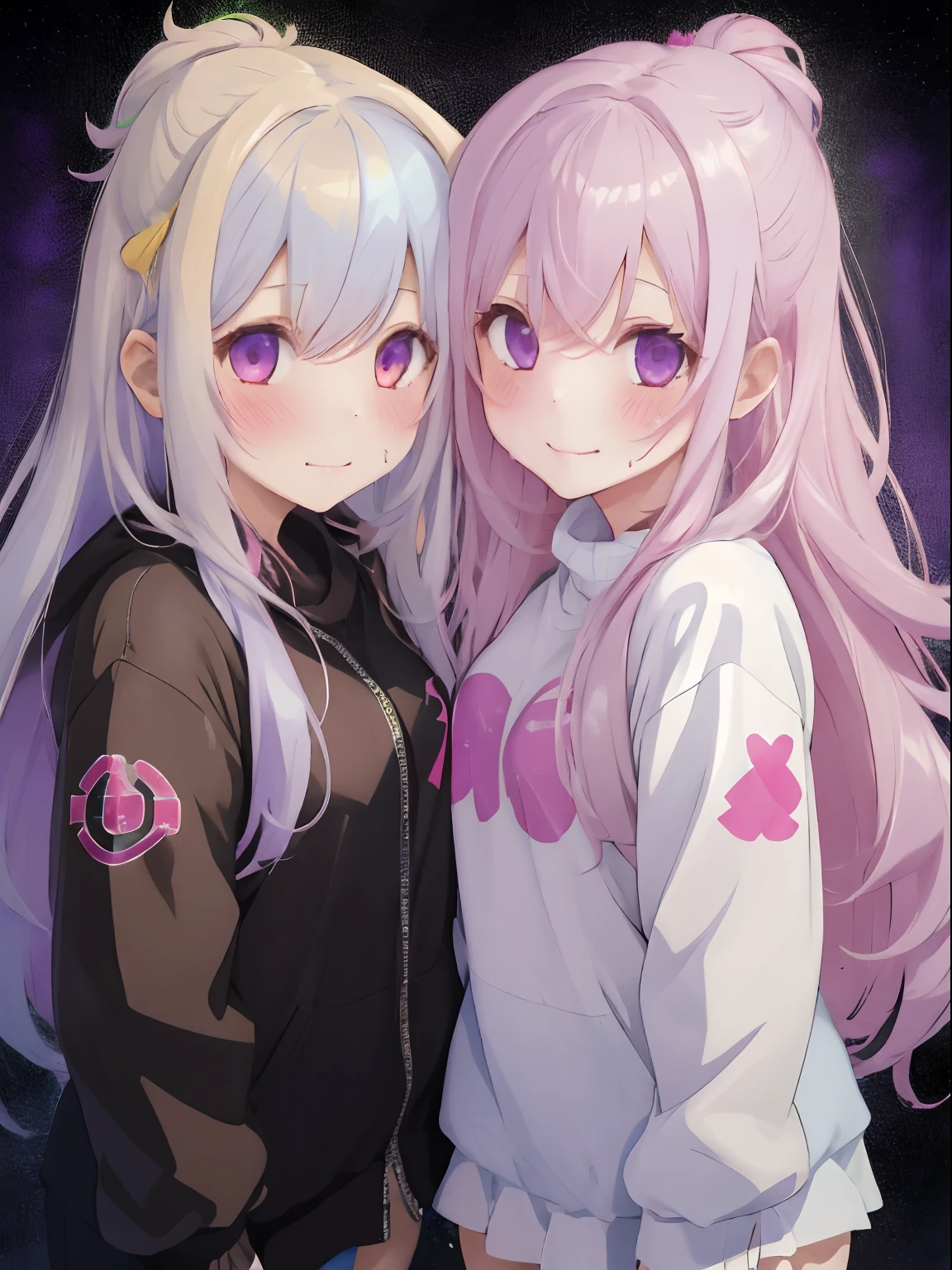 Two girls standing side by side,Two Peace Signs,Clothes look in pairs,fluffy hair,white, Pink, Blonde, Silver, Light blue, Yellow-green, And purple hair,Sheer Puff Puff Long Sleeve,brown, White and yellow-green clothes,Loose socks,SEX,AHE Face,Mouth ajar,It has a lustful look,shyly smile,red tide,He blushed a little,The body is bouncing and convulsing,ecstacy,cum on,