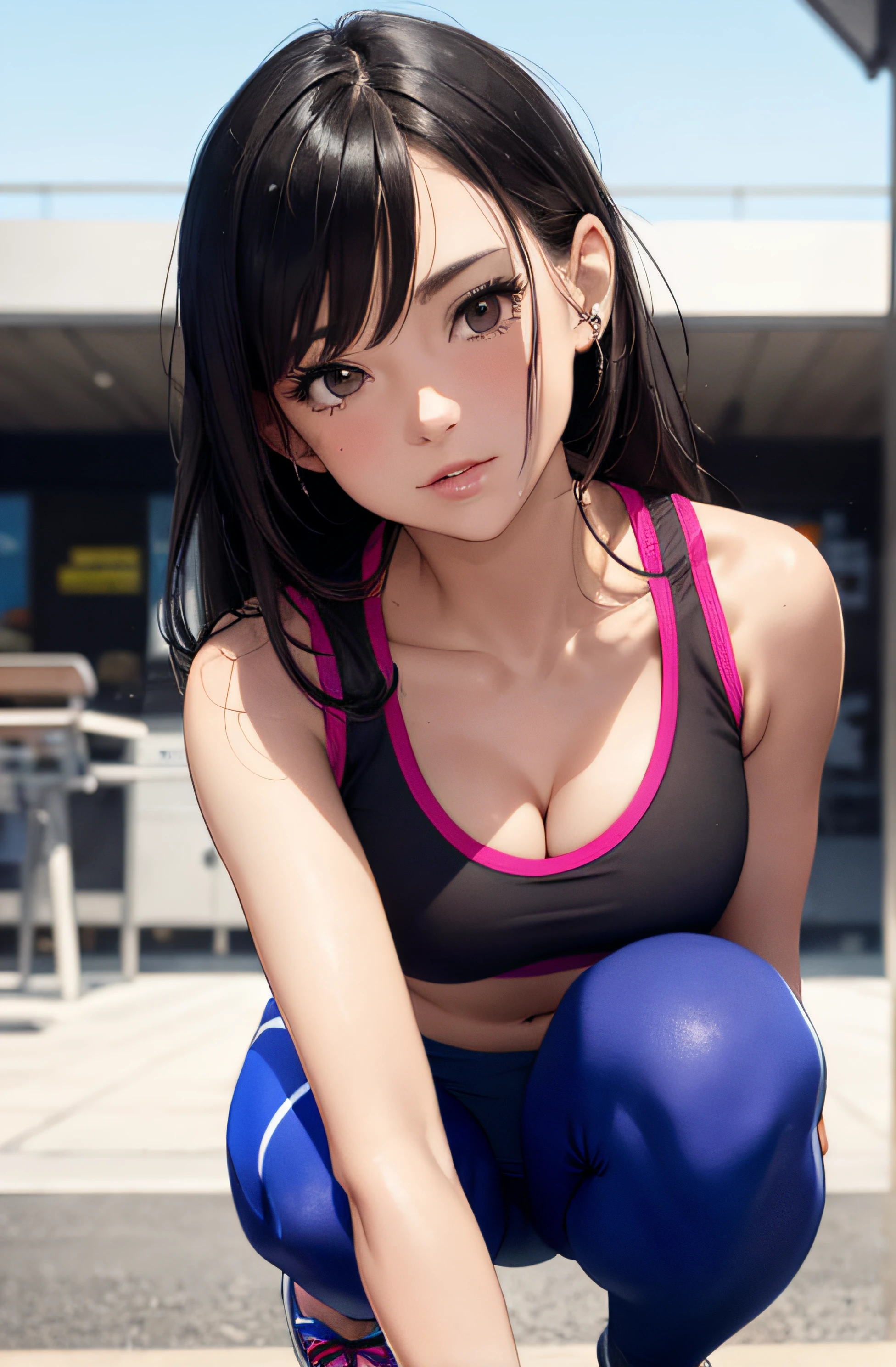 girl in summer clothes, sports bra, colorfull leggins, making as if she wants to kiss you, (girl bending down looking at camera), medium breasts, cleavage, random background, flirtatious look, ((very detailed)), (perfectly detailed face), (well detailed hand) photorealistic image.