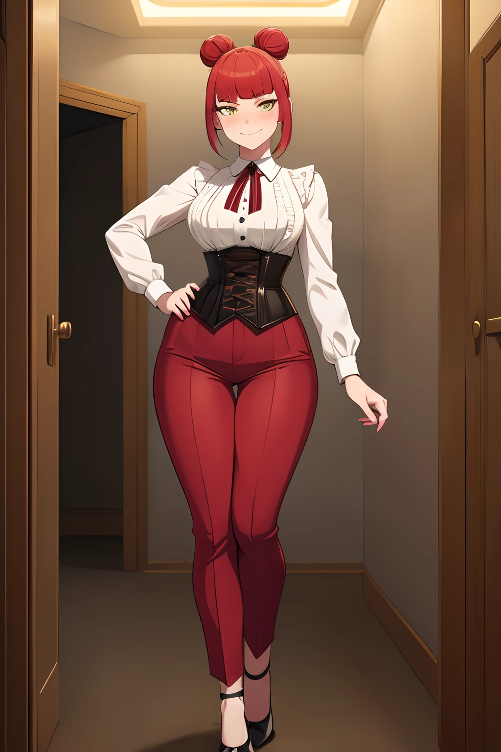 highly detailed, skindentation, pale woman with freckles, small chest, slim, red hair, hair bun, bangs, blushing, yellow eyes, white blouse, corset, trousers, stretched clothing, dark shady room, masterpiece, best quality, perfect anatomy, highres, detailed, 1girl, smug, full body