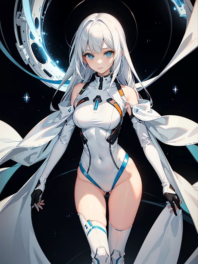 Slender beautiful girl、(White and blue futuristic space station background):1.2、Tight-fitting bodysuits of the near future、hight resolution、top-quality、The ultra-detailliert、Fine details、Does not blush cheeks、knee high、Undersized breasts、shorth hair、head phone