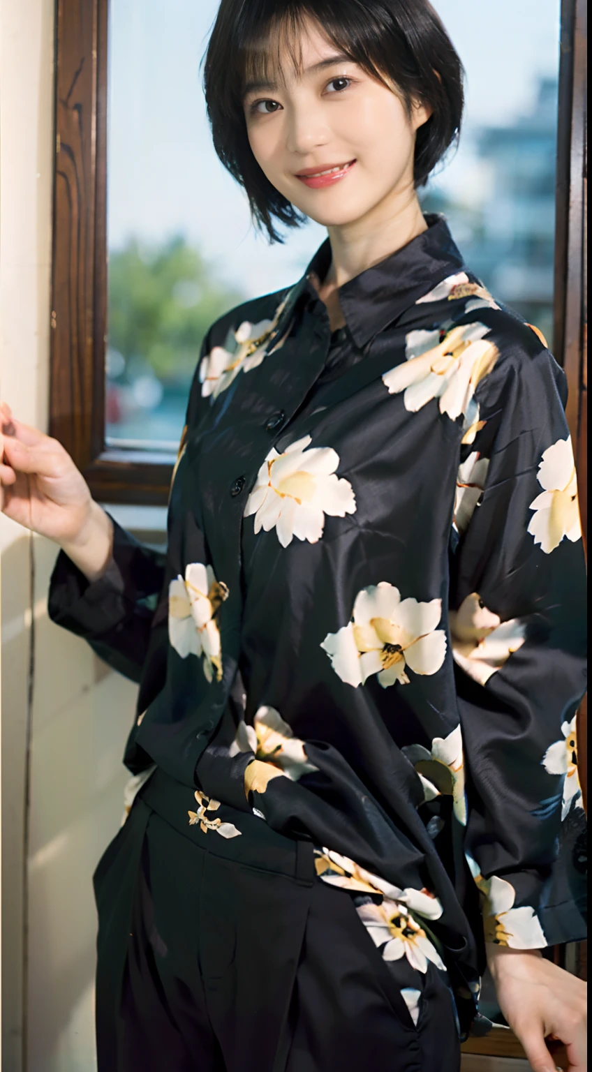 93
(a 20 yo woman,is standing), (A hyper-realistic), (masutepiece), ((short-hair:1.46)), (Smooth black hair), wear long pants, (Wearing a long-sleeved shirt with a floral print), (painterly、picture frame), (Gentle smile), (Keep your mouth shut)