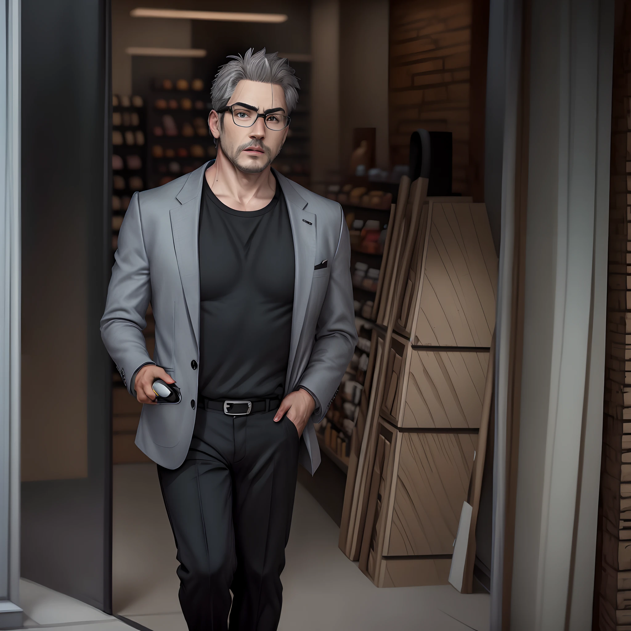 Create a Pixar Character Bald man with dark brown skin with gray goatee aged 45 white shirt, black blazer, black pants, microphone with the letter W, rectangular prescription glasses in front of a store